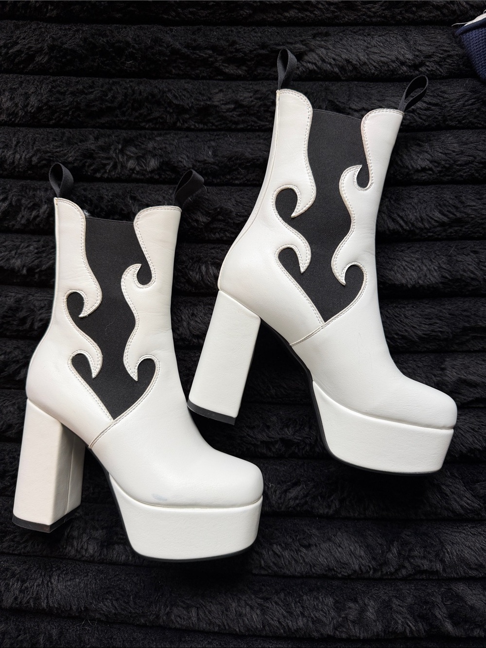 Killstar White Platform Chelsea Boots with Black Flame Panels